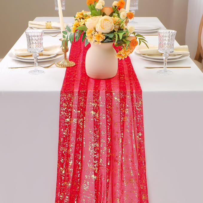 Snowkingdom Red Gold Table Runner Gauze 10FT Sparkly Sequin Glitter Sheer - Image 3