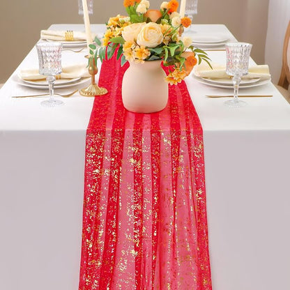 Snowkingdom Red Gold Table Runner Gauze 10FT Sparkly Sequin Glitter Sheer - Image 3