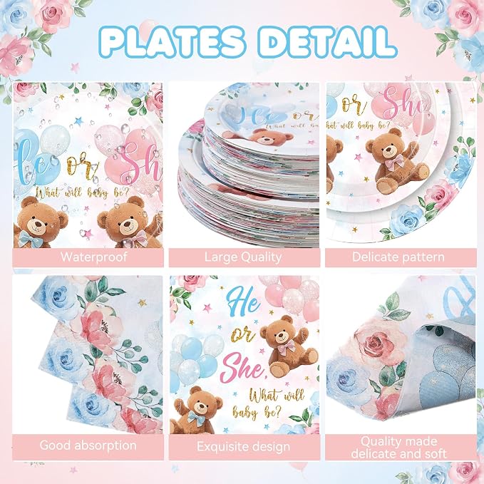 Funnymoom 250 Pcs Bear Gender Reveal Paper Plates and Napkins Party Supplies - Image 2