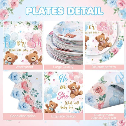 Funnymoom 250 Pcs Bear Gender Reveal Paper Plates and Napkins Party Supplies - Image 2