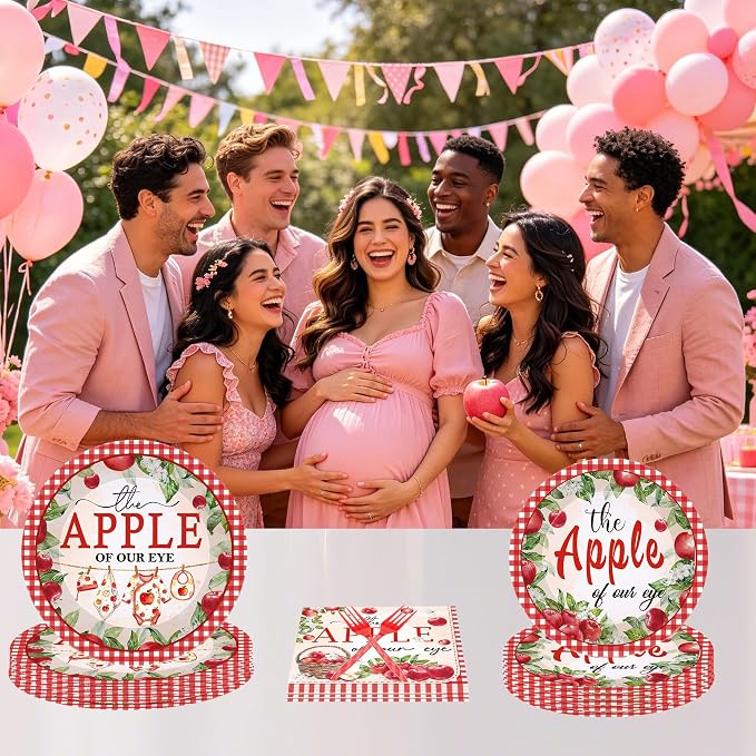 96Pcs Apple of Our Eye Baby Shower Decorations, Watercolor Apple Plates Napkins - Image 7