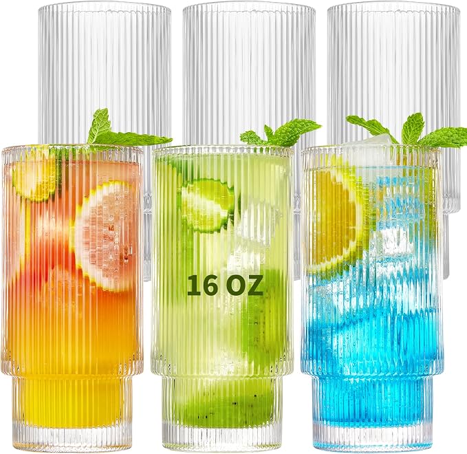 Qipecedm® 6 Pack Ribbed Drinking Glasses, 16 oz Vintage Glass Cups, Highball by Qipecedm