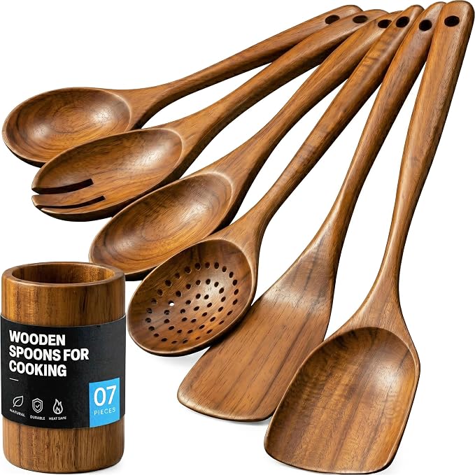 Zulay Kitchen 7-Piece Wooden Cooking Spoons Set – Heat-Resistant, Smooth Teak by ZulayKitchen