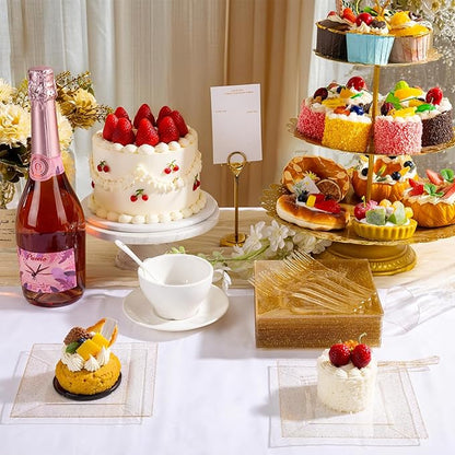DaYammi 200Pcs Gold Dessert Plates Including 100Pcs Appetizer Plates 6",100Pcs Plastic Forks 5.7",Gold Glitter Plastic Square Plate for Party,Gold Salad Plate and Cake Forks for Party Wedding