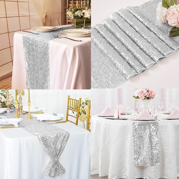 12 Packs 12 X 72 Inch Silver Sequin Table Runner Glitter Dining Table Runner - Image 6