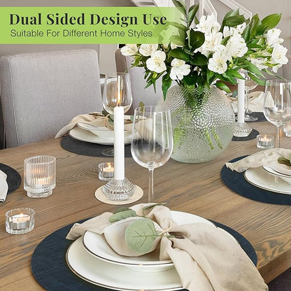 13-Inch Faux Leather Round Placemats Set of 8, Waterproof Anti-Slip Dual Sided Place mats, Heat Resistant Washable Table Mats with Coaster, Suitable for Indoor & Outdoor (8, Black Navy Blue)