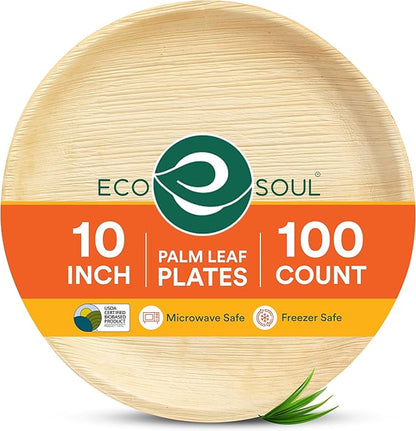 ECO SOUL Palm Leaf Disposable Bamboo Plates 10" Round Compostable & Biodegradable Party Plates for Dinner, Weddings, Parties & Events 100 Count