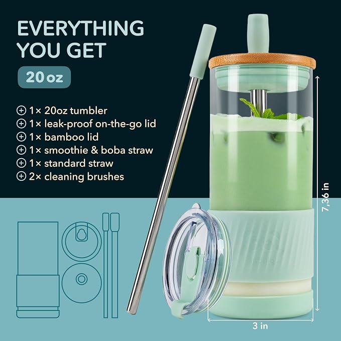 Pandaloo® Glass Cups With Lids and Straws -20 Fl Oz- Perfect Size Iced Coffee - Image 2