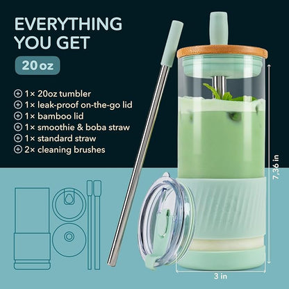 Pandaloo® Glass Cups With Lids and Straws -20 Fl Oz- Perfect Size Iced Coffee - Image 2