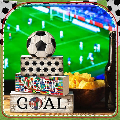 Moucuny 4 Pcs Soccer Table Decor Wooden Sport Tiered Tray Decor National Flags - Image 6