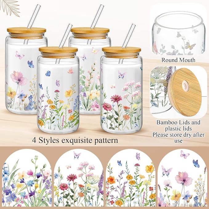 Mumufy 24 Pack Wildflower Glass Cups Gift Aesthetic Cute Glass Cup Tumbler - Image 3