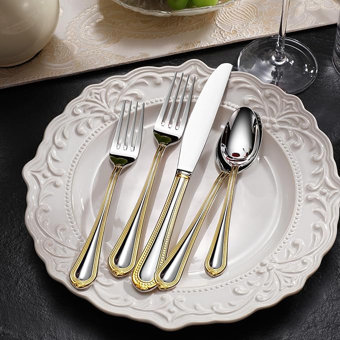 KEAWELL Pearl Edge Premium 45-Piece Refined Bead Silverware Set, 18/10 Stainless Steel, Service for 8, Fine Flatware Set with Serving Utensils, Dishwasher Safe (45, Gold Accent)