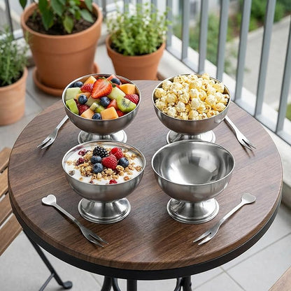 4 Pcs Stainless Steel Ice Cream Bowls Footed Dessert Cups for Sundae Parfait Yogurt Pudding Cake Salad Fruit Snacks Home Kitchen Use