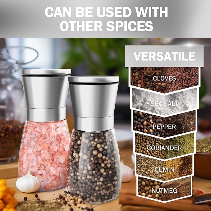 Home EC Original Stainless Steel Sea Salt and Pepper Grinder Set of 2 - Adjustable Ceramic - Glass Salt and Pepper Shakers - Kitchen Pepper Mill & Salt Mill W/Funnel & EBook