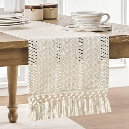 Macrame Style Boho Table Runner, 12x36 Inch Ivory | Woven Boho Table Runner by ZEEMARTONLINE