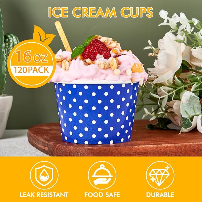 120 Pack 16 oz Ice Cream Cups, Disposable Paper Dessert Cups | three color - Image 2