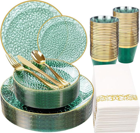 Rubtlamp 175 Pcs Green Plastic Plates Dinnerware Set (25 Guests), Hammered Plates Sets, Green Plastic Party Plates Set include 50 Disposable Plates Set, 75 Gold Plastic Silverware, 25 Cups 25 Napkins