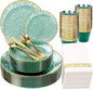 Rubtlamp 175 Pcs Green Plastic Plates Dinnerware Set (25 Guests), Hammered Plates Sets, Green Plastic Party Plates Set include 50 Disposable Plates Set, 75 Gold Plastic Silverware, 25 Cups 25 Napkins