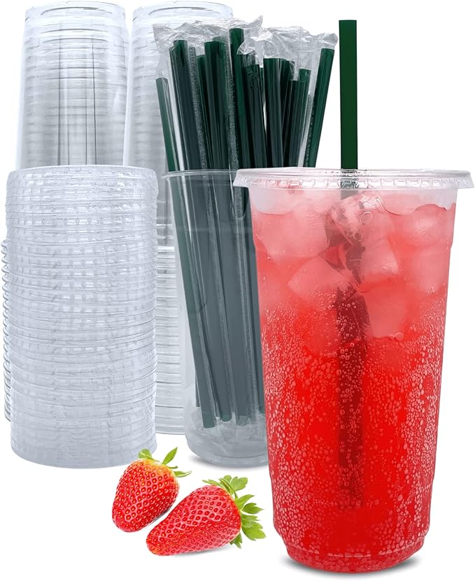 32 oz Clear Plastic Cups with Lids and Straws, Disposable Coffee Cups 25 Sets by Aatriet