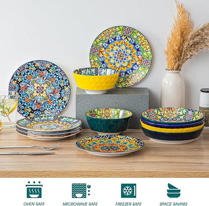 vancasso Salad Plates Set of 6-8.5 Inch Ceramic Dessert Plate, Small Dinner Plate Set, Microwave, Oven and Dishwasher Safe, Colorful Bohemian Style Dishes for Kitchen
