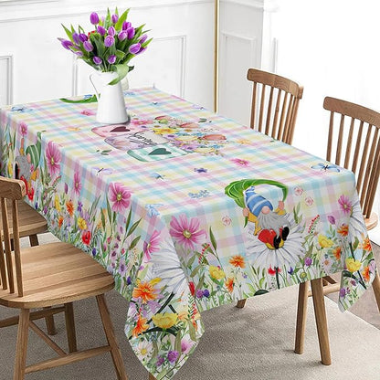 Spring Tablecloth, Rectangle 60 x 120 with Gnome Flowers, Oblong Tablecloth Buffalo Check Plaid Kitchen Table Cover for Dining Room Indoor Decor