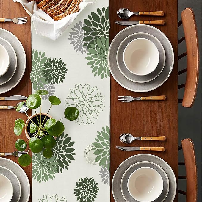 Sage Green Gray Table Runner Dahlia Pinnata Flower Beige Table Runners Modern - Image 2