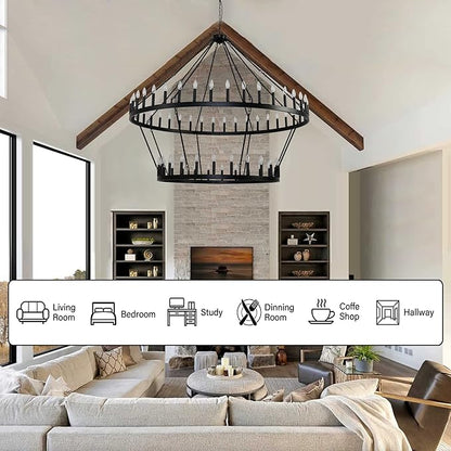 70 Inch Extra Large Wagon Wheel Chandelier 2 Tier 64-Lights Black Farmhouse Pendant Light Fixture, Round Rustic Hanging Lighting for Outdoor Porch high Ceilings Living Dining Room Foyer Entryway