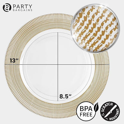 PARTY BARGAINS 13-Inch Charger Plates - 4 Pack, Clear Gold Textured Rim, Heavy-Duty Disposable Chargers for Elegant Dining - Ideal for Weddings and Formal Events