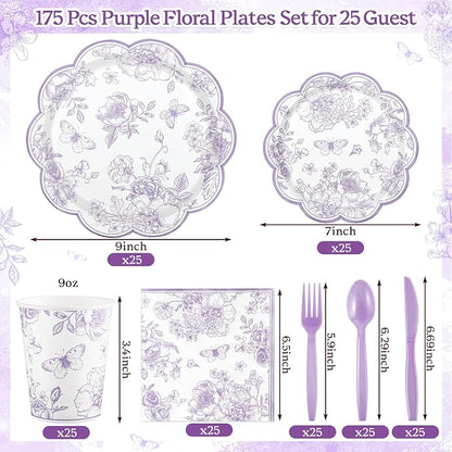 NatNarr 175 Pcs Purple Floral Party Supplies - Image 2