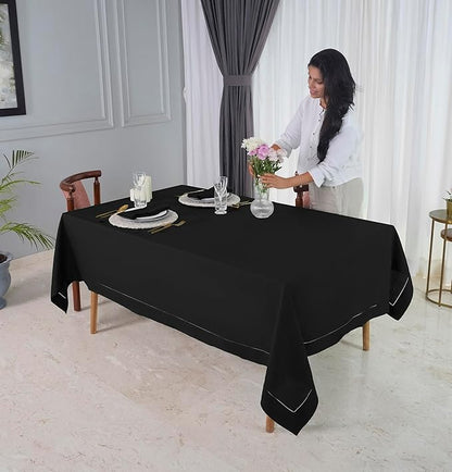 D'Moksha Homes Black Linen Tablecloth for Rectangle Tables 60 x 132 Inch - 100% Pure Linen Black Table Cloth - Classic Hemstitch, Machine Washable Dining Tablecloth for Spring, Easter