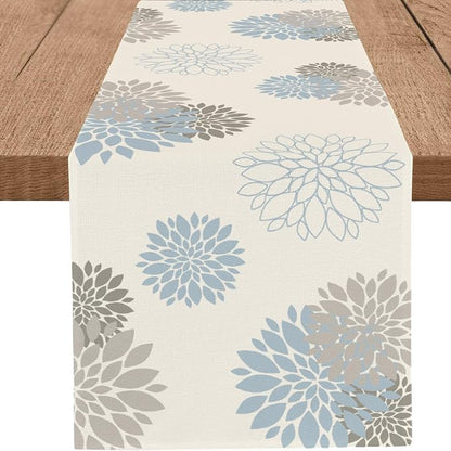 Light Blue Grey Table Runner Wild Dahlia Pinnata Flower Table Runners Modern by WHOMEAF