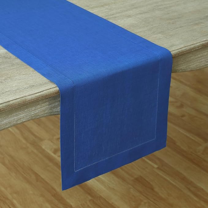 Solino Home 100% Pure Linen Table Runner Blue, Classic Hemstitch 14 x 72 in | - Image 2