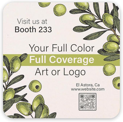 B.E. Green Custom Coasters - Pulpboard Personalized Coasters for Drinks - Full Color Print - Reusable & Absorbent - Beverage Coaster - Promo Events & Celebrations - Pack of 50 - Full Coverage, 4"x 4"
