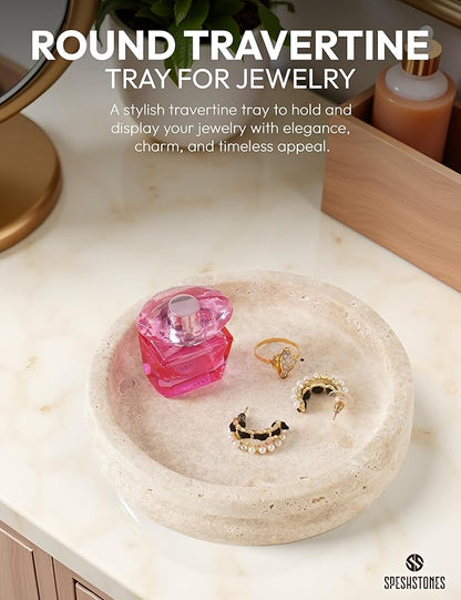Marble Jewelry Dish 5 Inch Handmade Travertine Ring Holder - Trinket Tray for Vanity & Aesthetic Room Decor, Stone Key Bowl & Candle Plate for Entryway Table,