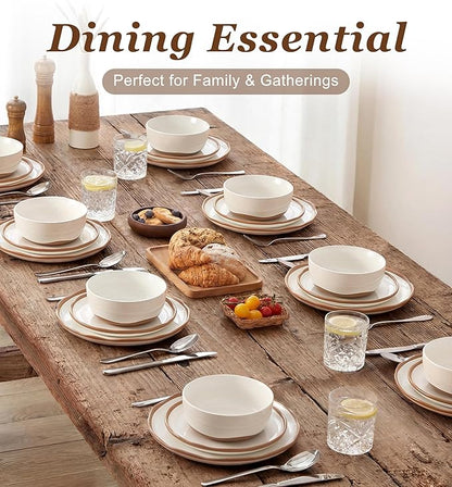 24 Piece Dinnerware Sets for 8 - Farmhouse Ceramic Plates and Bowls Sets - Scratch Resistant Stoneware Dishes Set, Dishwasher & Microwave Safe, Stack Compactly Dishware - Vintage White