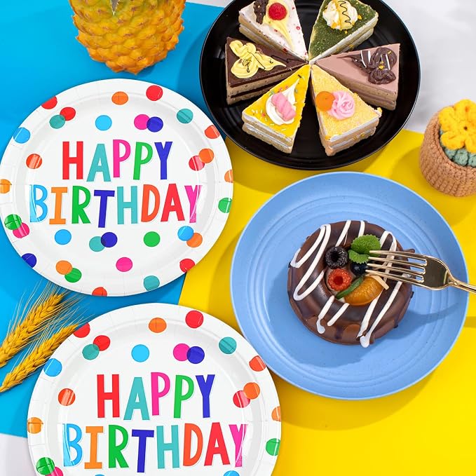 50PCS Birthday Plates and Napkins Party Decorations, 7inch Colorful Dots Happy - Image 2