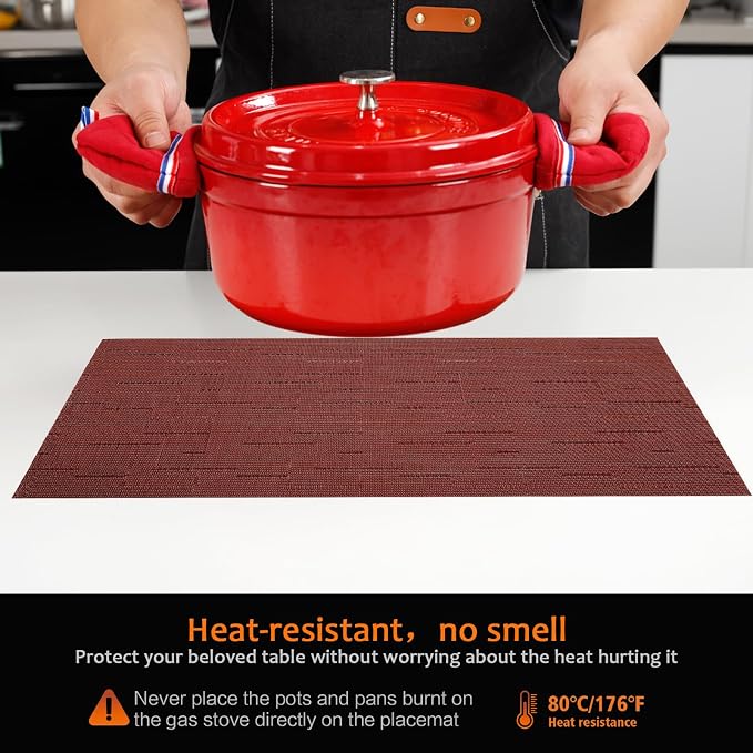 Red Vinyl Placemats Set of 8, Heat Resistant Table Placemats | 18x12 inch place - Image 4