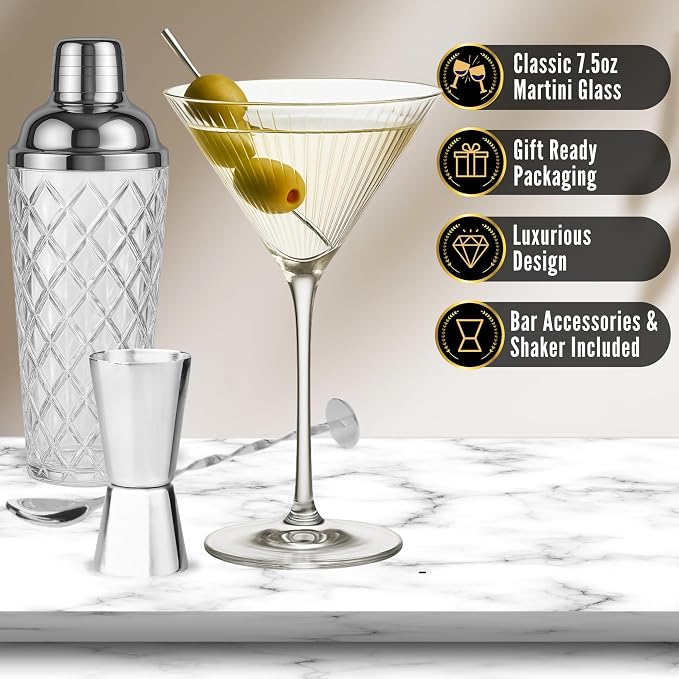VEMACITY Silver Cocktail Shaker Set + 2 Ribbed Martini Glasses & Bar Tools | - Image 4