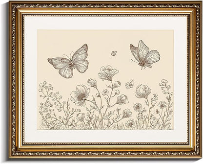 InSimSea Gold Picture Framed Wall Art, Vintage Butterflies Nursery Wall Decor, Neutral Wildflowers Botanical Canvas Print Art, Home Farmhouse Decor, Antique Paintings with Frame 13x16inch