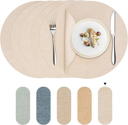 Round Wipeable Placemats Set of 4 – Faux Leather Round Table Mats, Waterproof & Washable Vinyl Placemats, Circle Design for Dining Table Decor– Ivory Beige