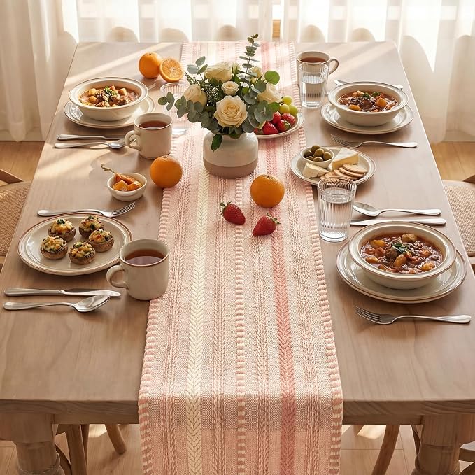 Artoid Mode Pink Farmhouse Stripe Braided Table Runner 12x72 Inch | Holiday - Image 3