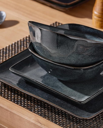Famiware Dinnerware Sets for 4, Ocean Square 12-Piece Kitchen Plates and Bowls Sets, Reactive Glaze, Microwave and Dishwasher Safe, Scratch Resistant, Deep Forest