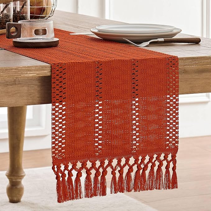 Macrame Style Boho Table Runner, 12x72 Inch Dark Orange | Woven Boho Table by ZEEMARTONLINE