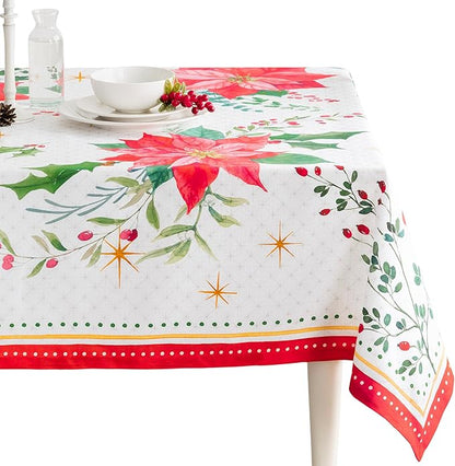 Maison d' Hermine Table Cloth Rectangle Table 100% Cotton 54 x 72 Inches Fall Tablecloth Reusable Everyday Use for Thanksgiving Christmas Decorations Dining Farmhouse Party (Poinsettia Christmas)
