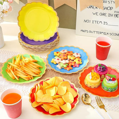 48 Pcs Rainbow Paper Plates 9 Inch Colorful Scalloped Paper Disposable Dinner Dessert Plates for Birthday Wedding Bridal Party Supplies, 6 Colors