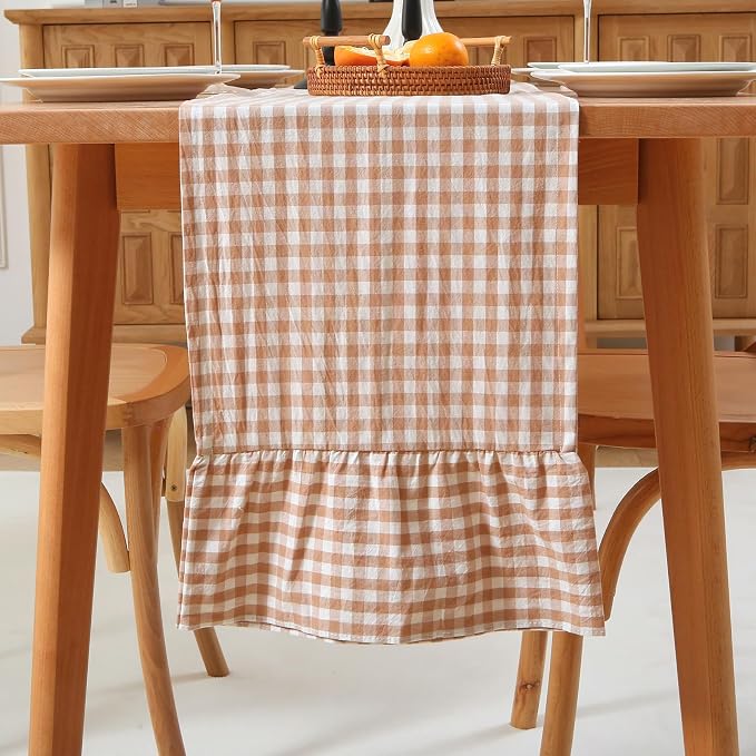 Taupe White Plaid Gingham Ruffle Table Runner 120 inches Long 100% Washed by KMASANIJI