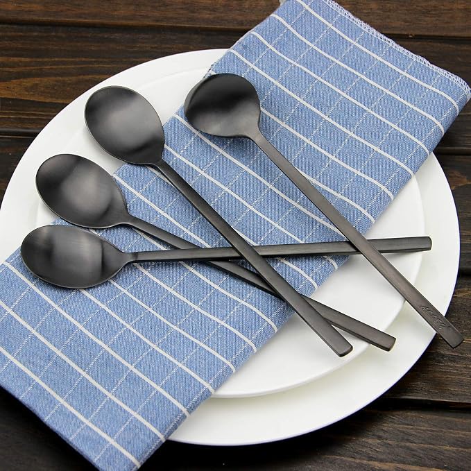 IQCWOOD Korean Soup Spoon Stainless Steel, 8.5 Inch 8-Piece Black | Long Handle - Image 7