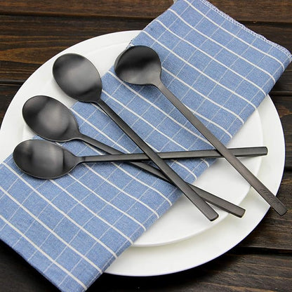 IQCWOOD Korean Soup Spoon Stainless Steel, 8.5 Inch 8-Piece Black | Long Handle - Image 7