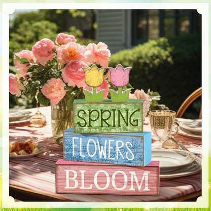 Moucuny 4 Pcs Spring Table Decor Wooden Tulip Spring Tiered Tray Decor Flowers - Image 3