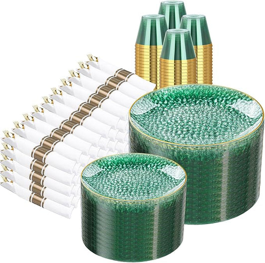 Rubtlamp 700Pcs Green Plastic Plates,Green Gold Plastic Dinnerware Set, Hammered Clear Green Plates with Gold Rim Include 100Dinner Platos,100Cake Platos,100Cups,100Pre Rolled Silverware